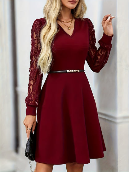 Elegant Lace Christmas Party Dress for Women with V Neck Lantern Sleeve A Line Belted Style