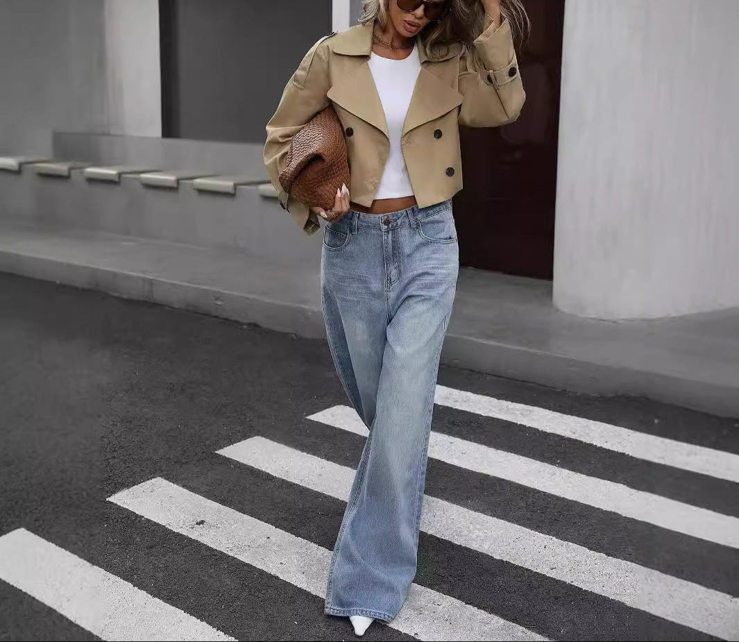 Effortless Khaki Trench Coat for Women with Notched Lapel Long Sleeve Cropped Double Breasted Style