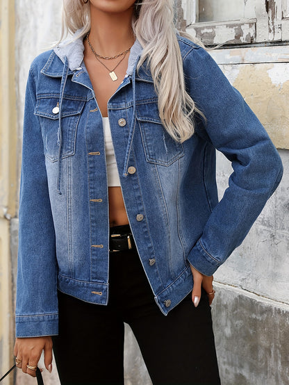 Effortless Blue Jean Jacket for Women with Hooded Collar Long Sleeve Button Front Relaxed Style