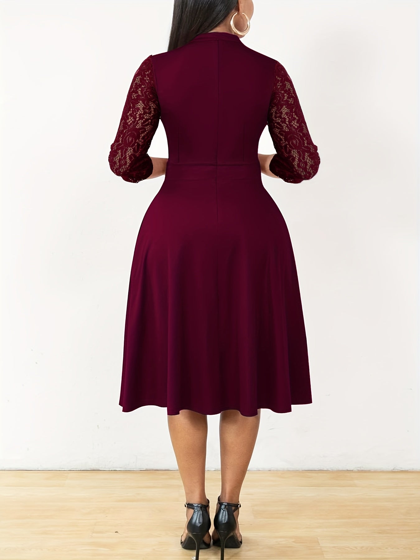 Elegant Lace Christmas Party Dress for Women with Notched Neck Three Quarter Sleeve Fit Flare Cocktail Style