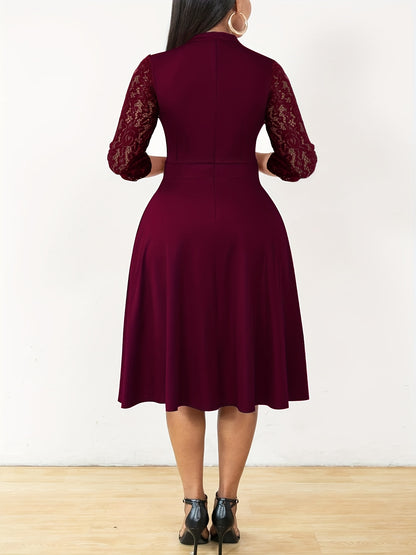 Elegant Lace Christmas Party Dress for Women with Notched Neck Three Quarter Sleeve Fit Flare Cocktail Style