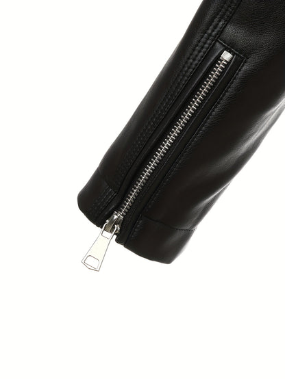 Elegant Leather Moto Jacket for Women with Notch Lapel Asymmetric Zip Front Fitted Style