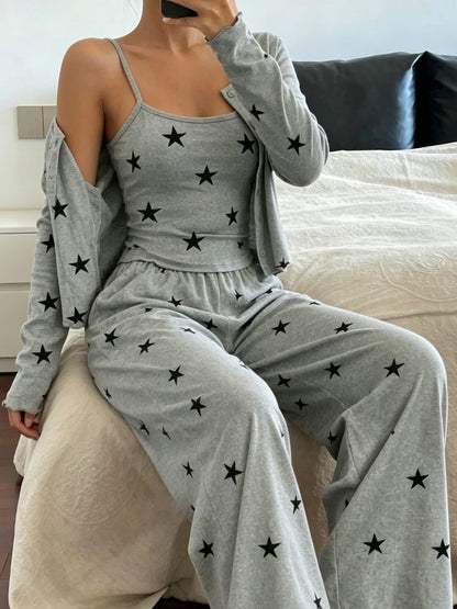 Comfortable Mixed Color Star Print Three Piece Pajama Set for Women with Round Neck Long Sleeve Cardigan Wide Leg Pant Relaxed Style