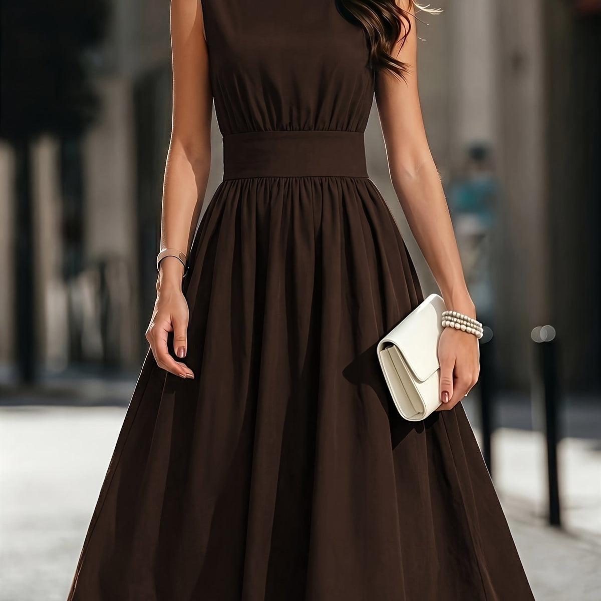 Refined Semi Formal Dress for Women with Round Neck Sleeveless Shirred Waist Fit and Flare Midi Party Style