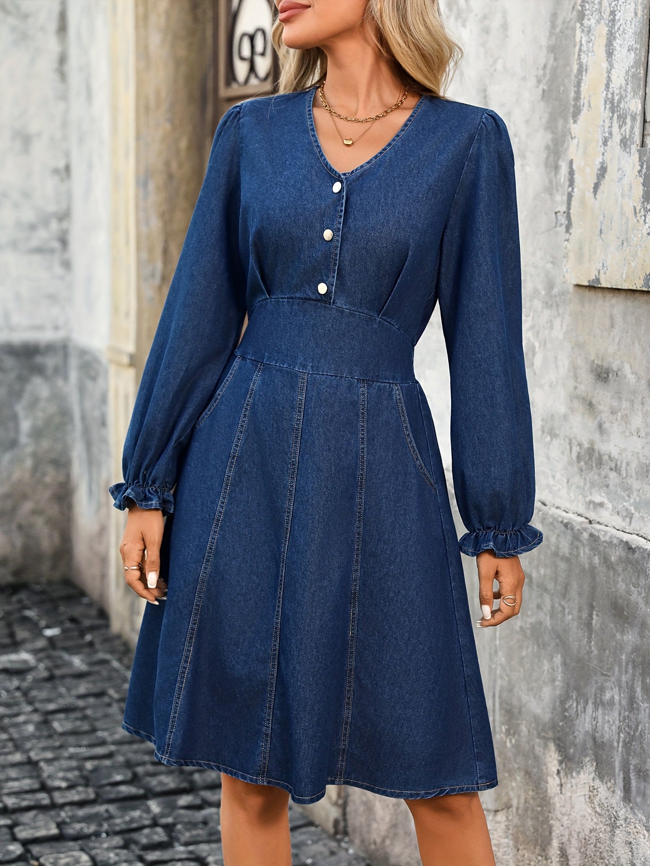 Effortless Blue Denim Dress for Women with V Neck Long Sleeve A Line Midi