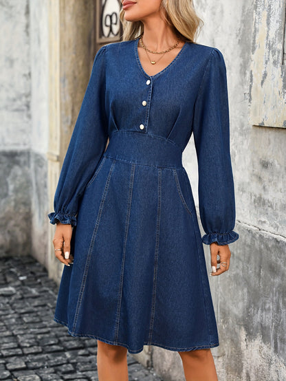 Effortless Blue Denim Dress for Women with V Neck Long Sleeve A Line Midi