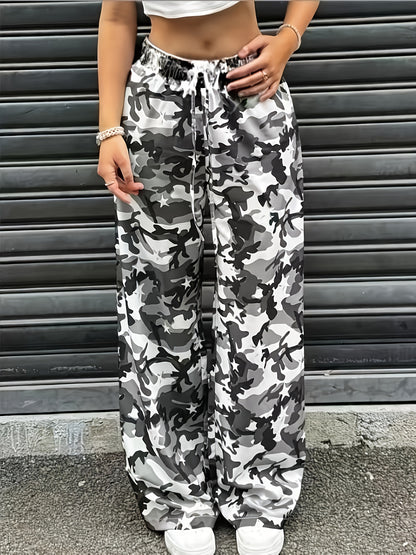 Effortless Camo Pants for Women with High Waist Drawstring Wide Leg Casual Style
