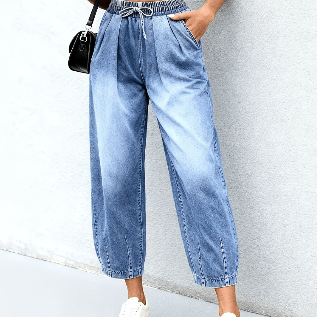 Effortless Light Blue Relaxed Barrel Jeans for Women with Elastic Waist Drawstring Cuffed Hem