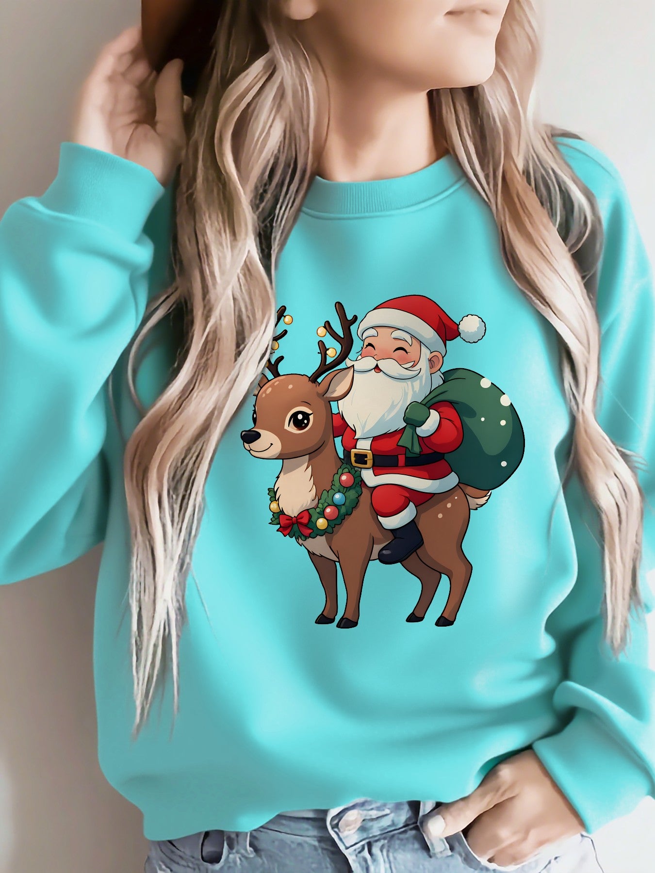 Cozy Graphic Christmas Tacky Sweater for Women with Crew Neck Long Sleeve Santa Reindeer Print Pullover Style