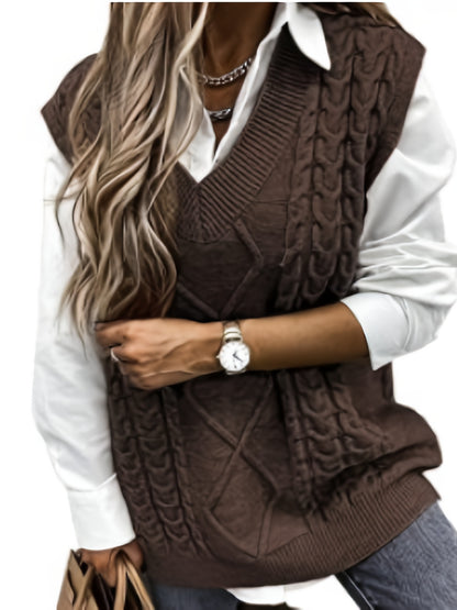 Cozy Cable Knit Sweater Vest for Women with V Neck Sleeveless Oversized Relaxed Style