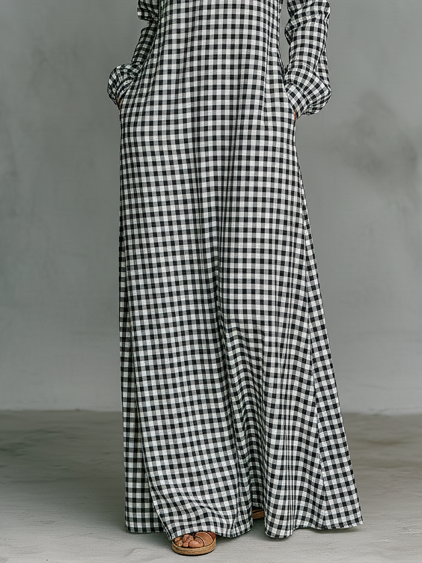 Effortless Plaid Maxi Dress for Women with V Neck Long Sleeve Oversized Casual Shirt Dress Style