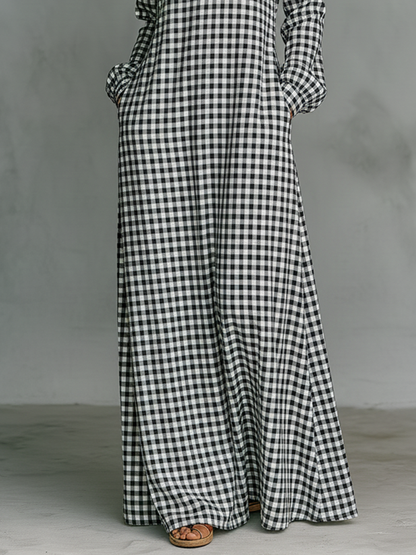 Effortless Plaid Maxi Dress for Women with V Neck Long Sleeve Oversized Casual Shirt Dress Style