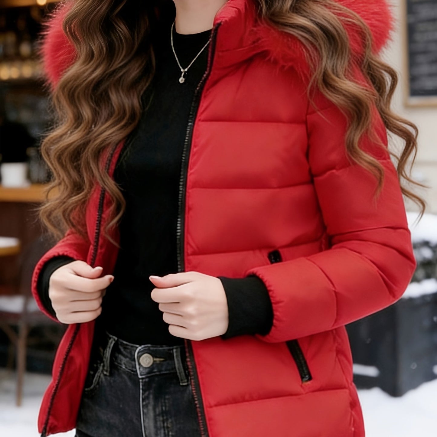 Cozy Red Ski Jacket for Women with Hooded Zip Closure Quilted Warm Winter Style