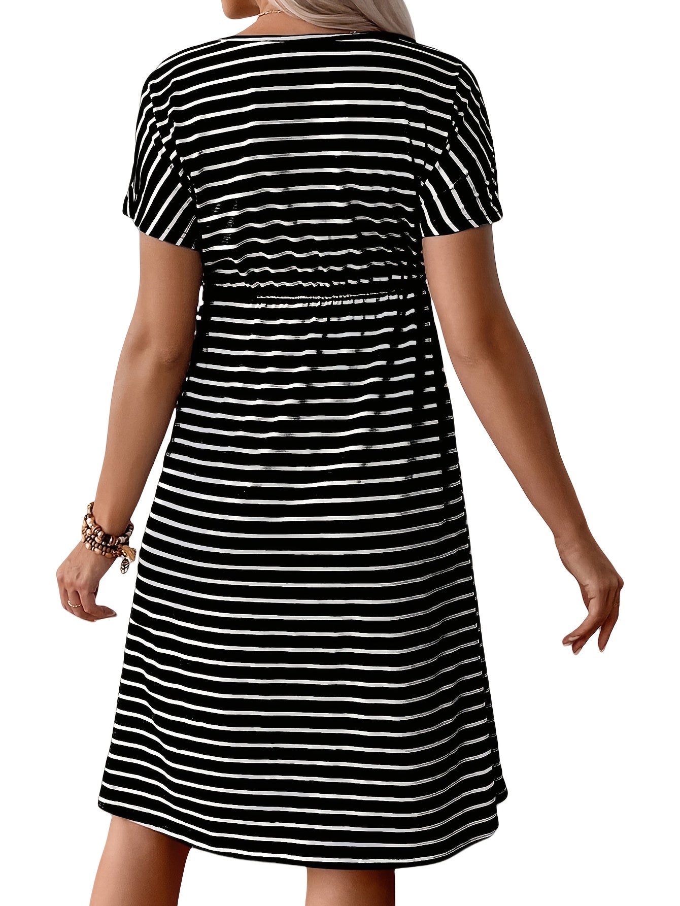 Comfortable Black Striped Maternity Dress for Women with Crew Neck Short Sleeve Drawstring Waist Midi Style
