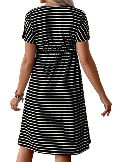 Comfortable Black Striped Maternity Dress for Women with Crew Neck Short Sleeve Drawstring Waist Midi Style