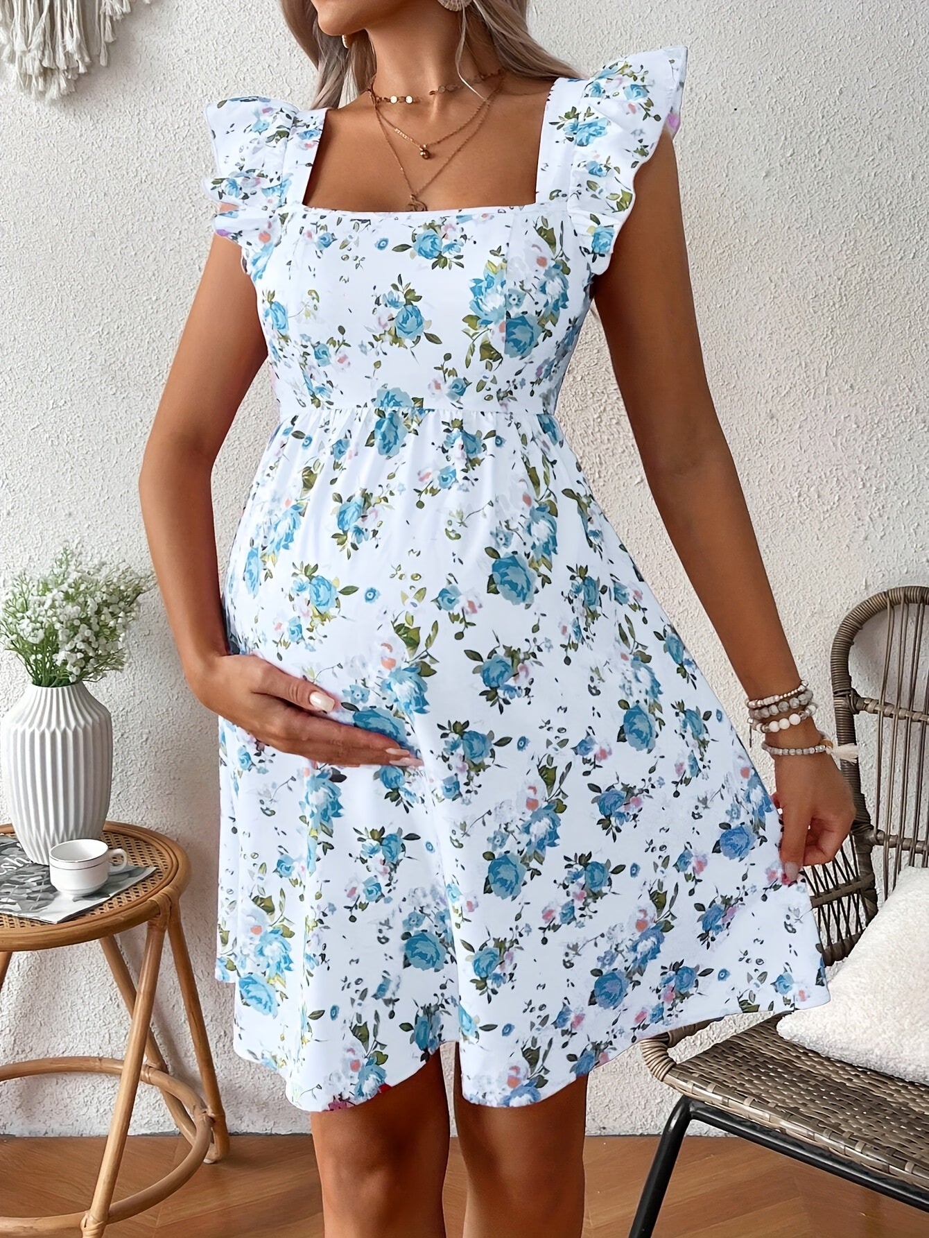 Effortless Floral Maternity Mini Dress for Women with Square Neck Ruffle Sleeve Tie Back Cutout Style