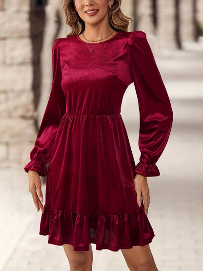 Elegant Burgundy Velvet Christmas Attire Dress for Women with Round Neck Long Sleeve Ruffle Hem Flowing Style