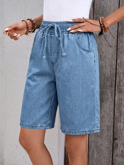 Effortless Light Blue Denim Bermuda Jean Shorts for Women with Elastic Drawstring Waist Wide Leg