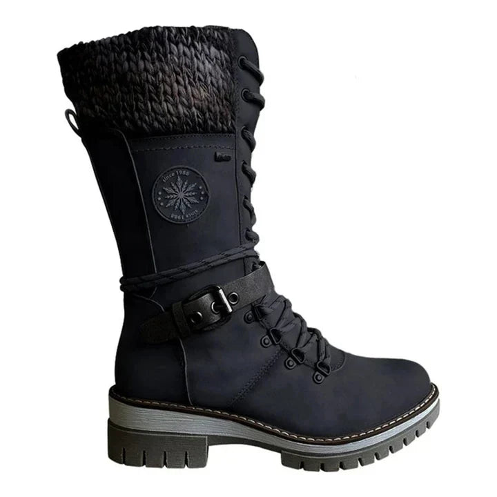 Cozy Knit Cuff Rainproof Boots for Women with Lace Up Buckle Strap Mid Calf Winter Style