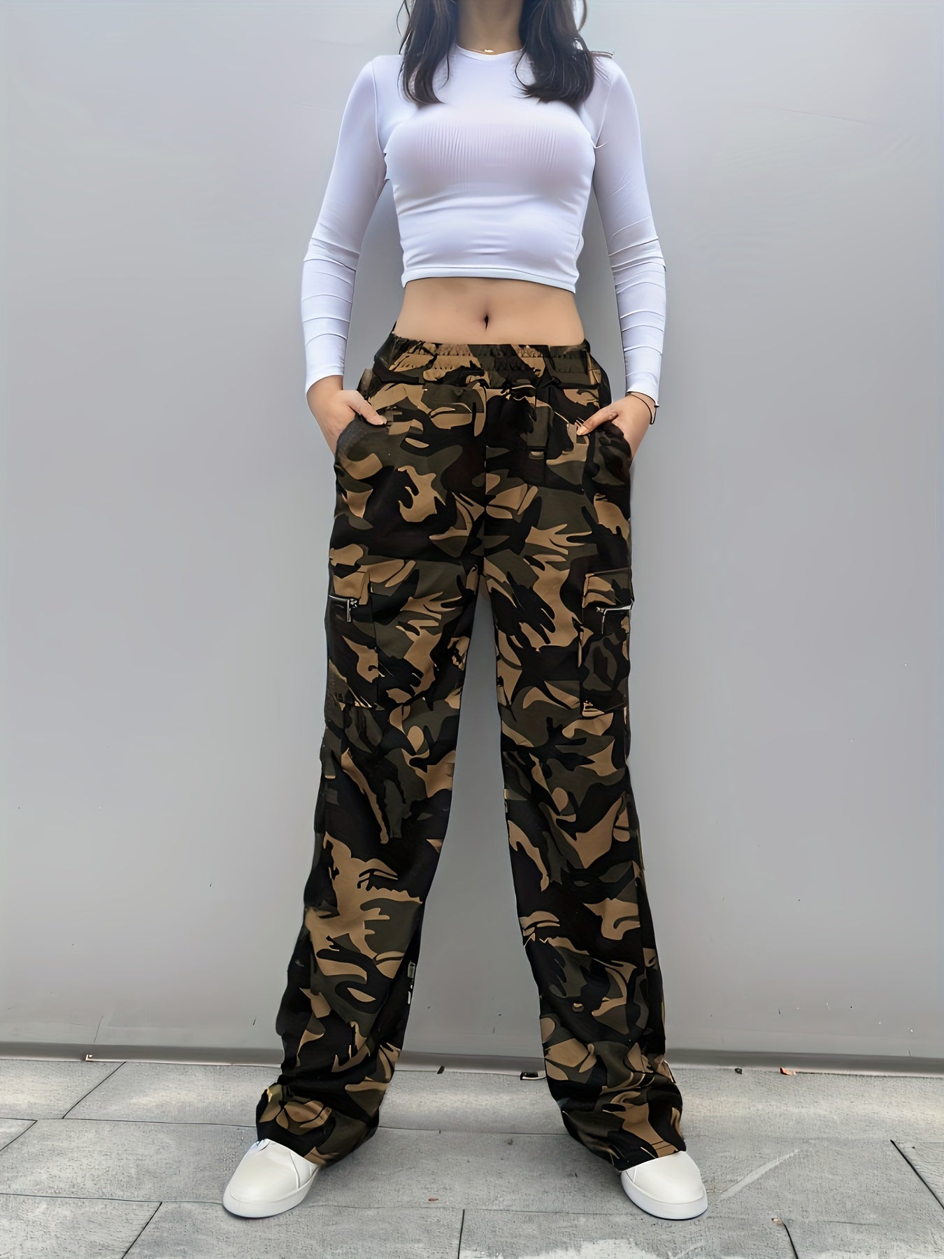 Effortless Camo Pants for Women with High Waist Drawstring Cargo Pocket Wide Leg Style