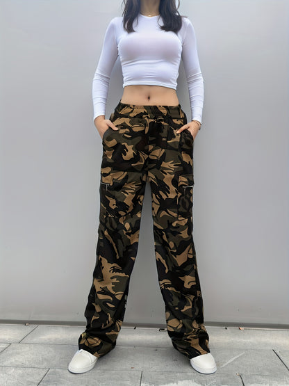 Effortless Camo Pants for Women with High Waist Drawstring Cargo Pocket Wide Leg Style