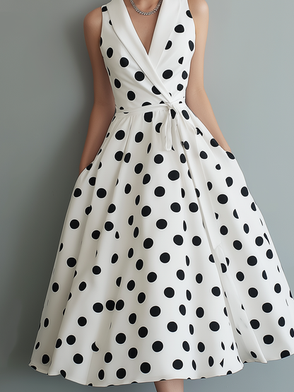 Elegant Black and White Polka Dot Midi Dress for Women with Wrap V Neck Tie Waist Sleeveless Flared Casual Style