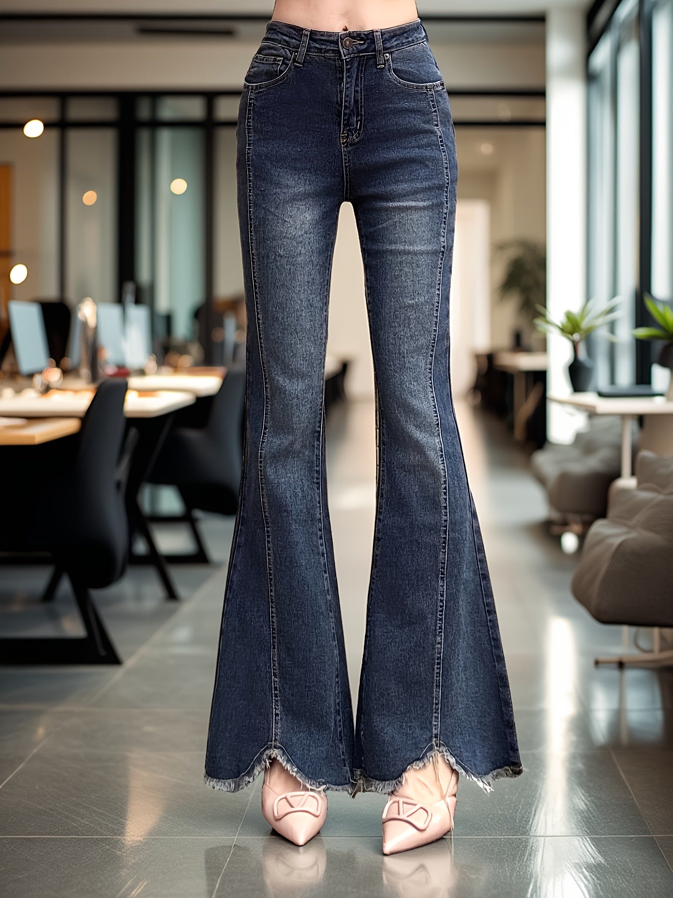 Effortless Medium Blue High Waisted Jeans for Women with Frayed Hem Flare Leg Relaxed Casual Style