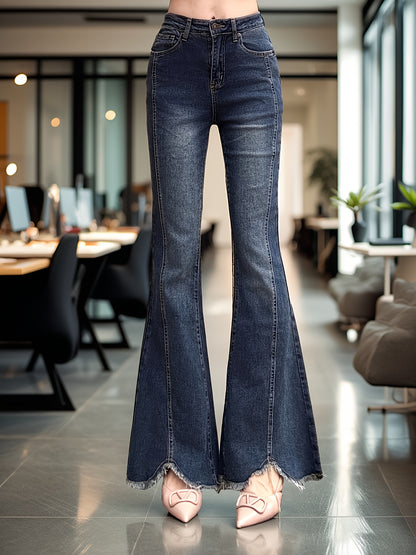 Effortless Medium Blue High Waisted Jeans for Women with Frayed Hem Flare Leg Relaxed Casual Style