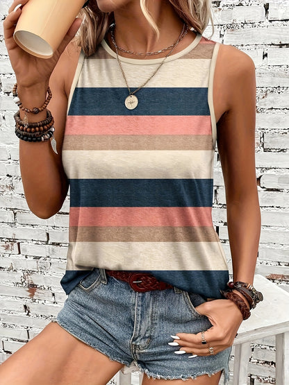 Effortless Striped Colorblock Tank Top for Women with Crew Neck Sleeveless Relaxed Casual Style