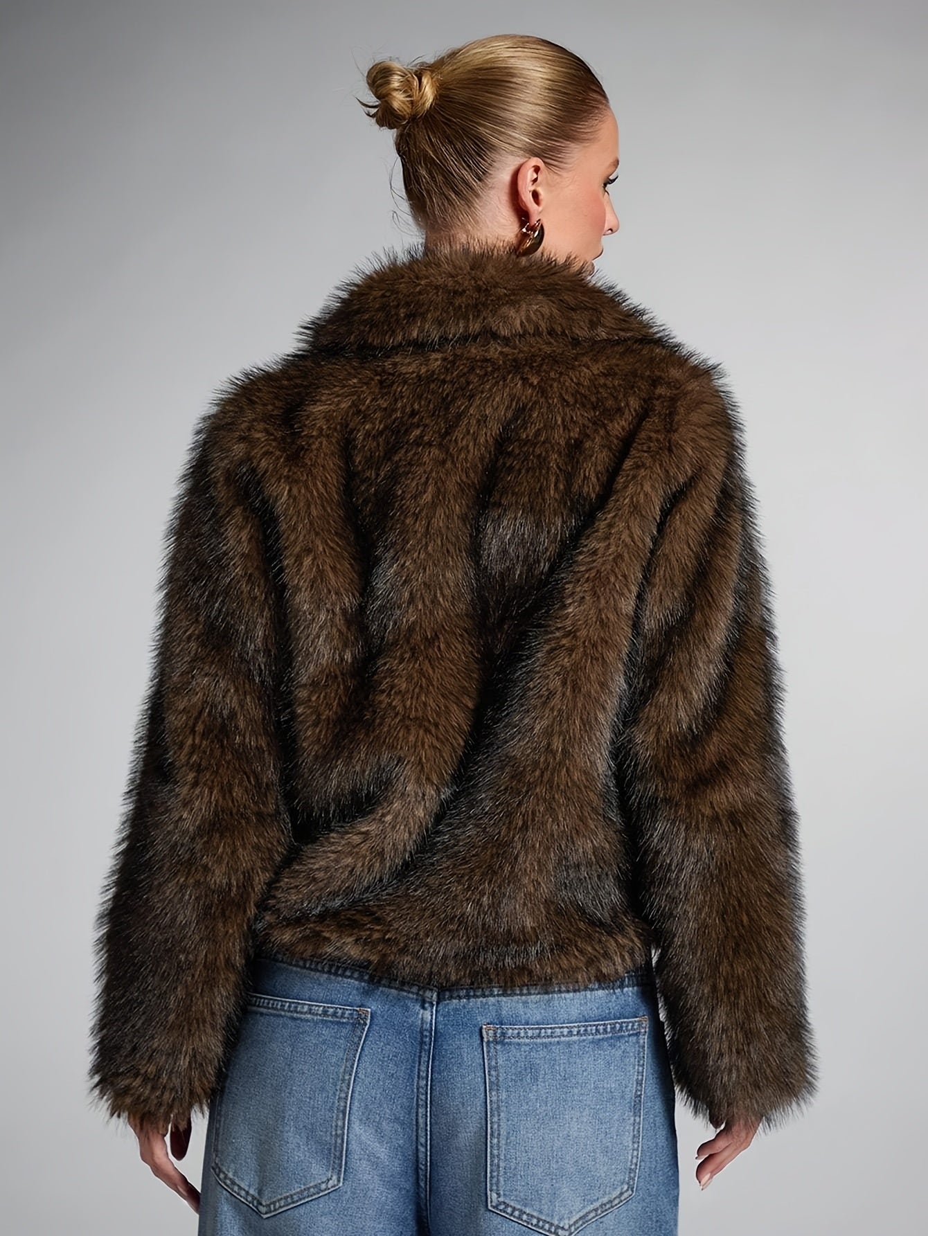 Elegant Bronze Fur Coat for Women with Notch Collar Long Sleeve Cropped Open Front Style