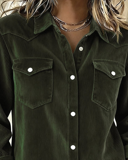 Effortless Corduroy Collar Shirt for Women with Long Sleeve Button Front Chest Pocket Relaxed Style
