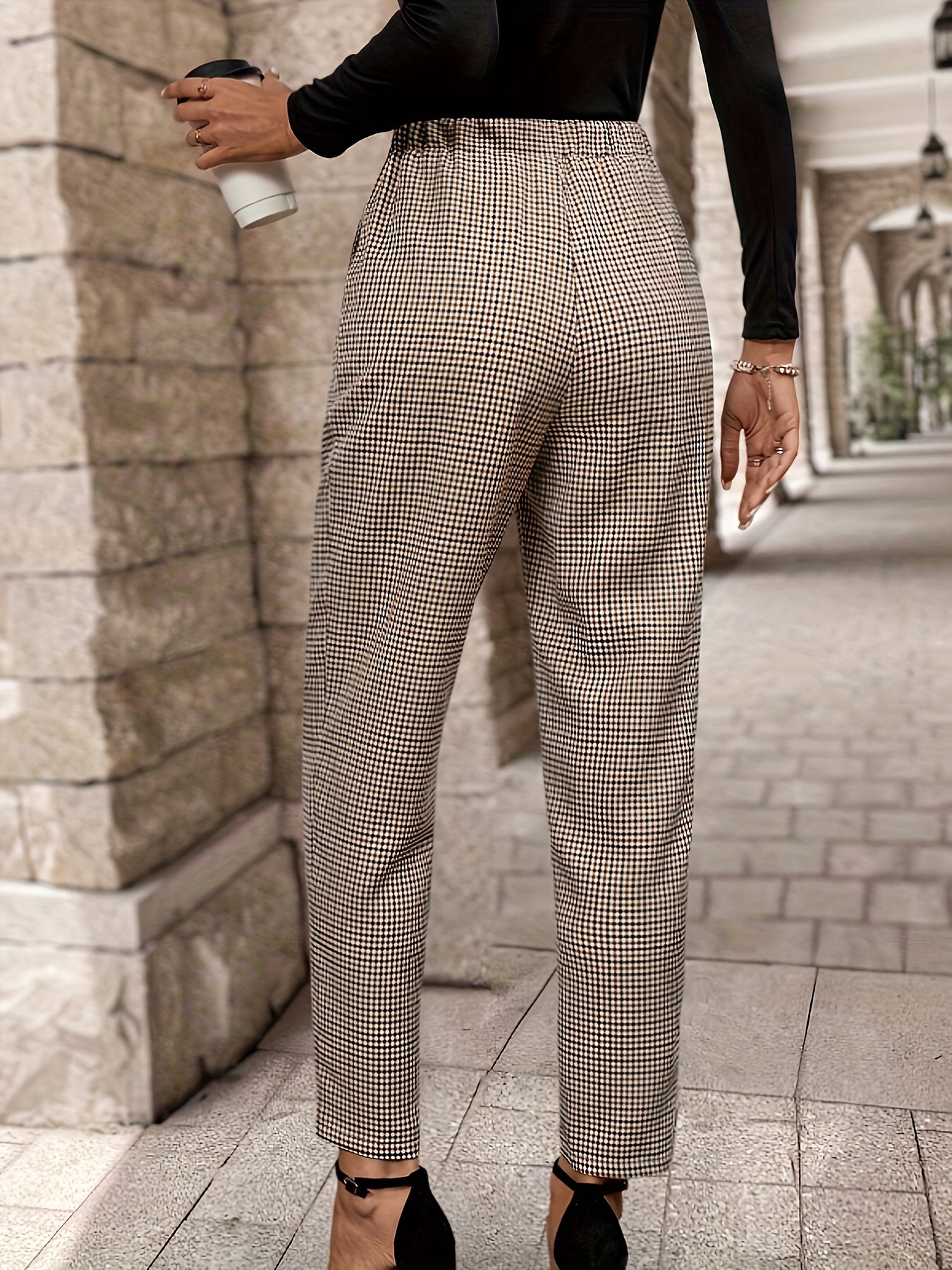 Elegant Houndstooth Chino Pants for Women with High Waist Pleated Tapered Ankle Style