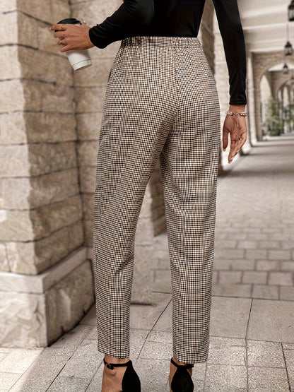 Elegant Houndstooth Chino Pants for Women with High Waist Pleated Tapered Ankle Style