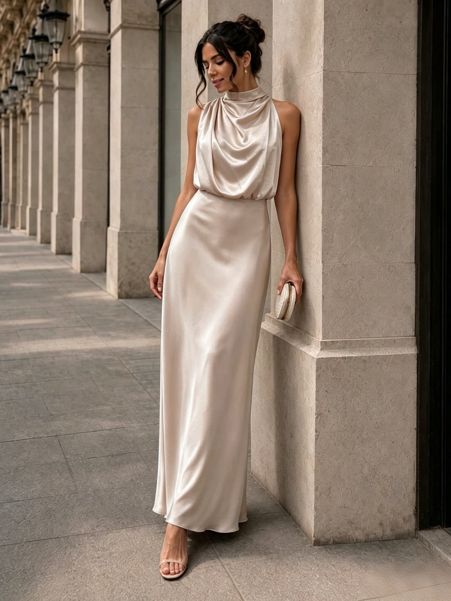 Elegant Champagne Satin Dress for Women with Cowl Neck Sleeveless Draped Column Wedding Guest Style