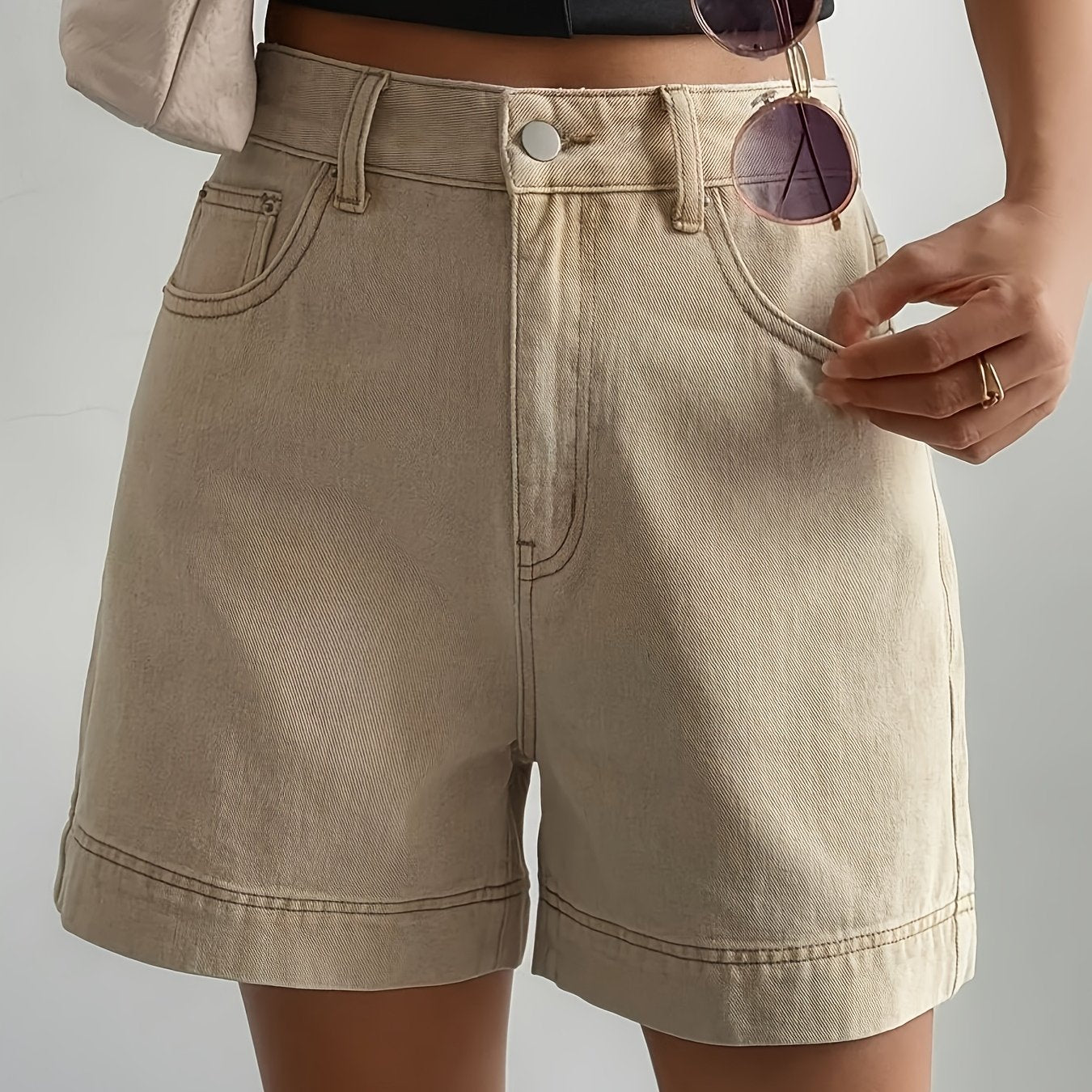 Effortless Khaki Shorts for Women with High Waist Button Front Wide Leg Cuffed Casual Style
