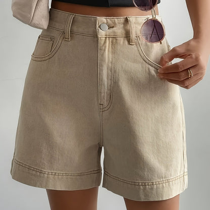 Effortless Khaki Shorts for Women with High Waist Button Front Wide Leg Cuffed Casual Style