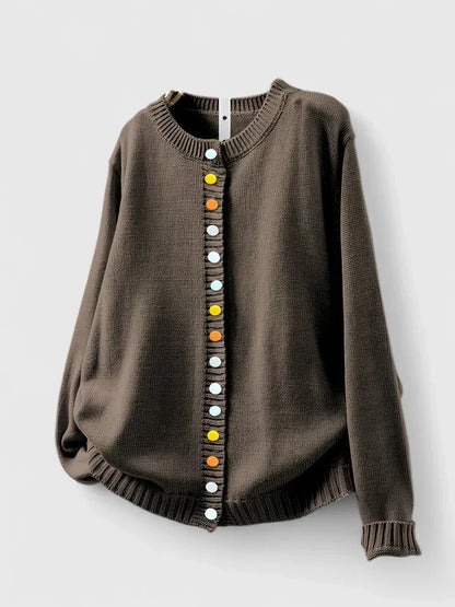 Cozy Knit Cardigan for Women with Crew Neck Button Front Long Sleeve Ribbed Trim Relaxed Style