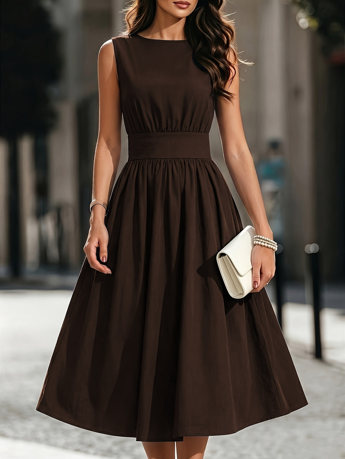 Refined Semi Formal Dress for Women with Round Neck Sleeveless Shirred Waist Fit and Flare Midi Party Style