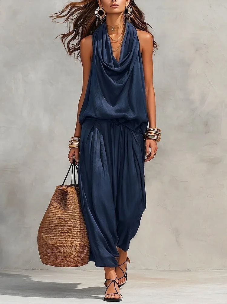 Elegant Black Halter Neck Two Piece Set for Women with Pleated Wide Leg Trouser