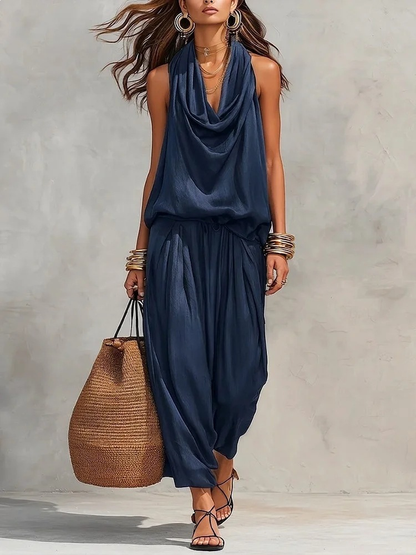 Elegant Black Halter Neck Two Piece Set for Women with Pleated Wide Leg Trouser
