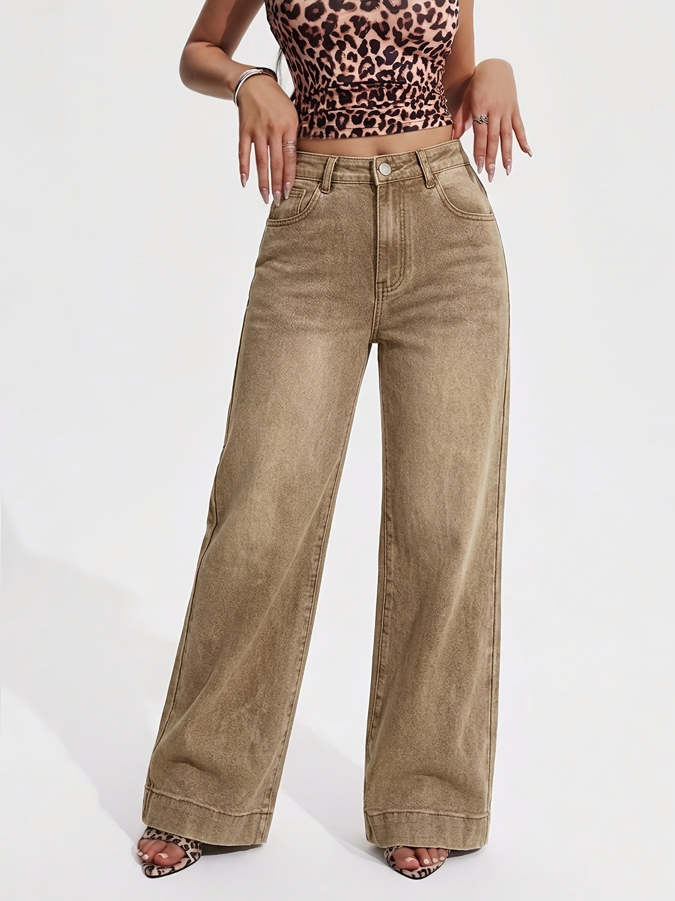 Effortless Brown Wash Flare Jeans for Women with High Waist Button Front Pocket Detail Relaxed Style