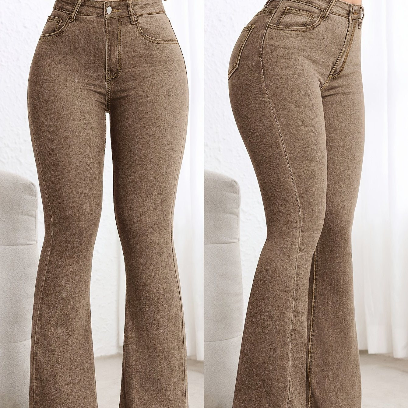 Effortless Coffee Brown Flare Jeans for Women with High Waisted Contrast Stitch Relaxed Style