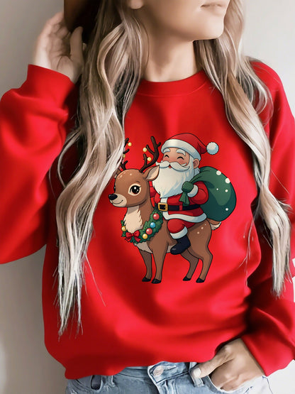 Cozy Graphic Christmas Tacky Sweater for Women with Crew Neck Long Sleeve Santa Reindeer Print Pullover Style
