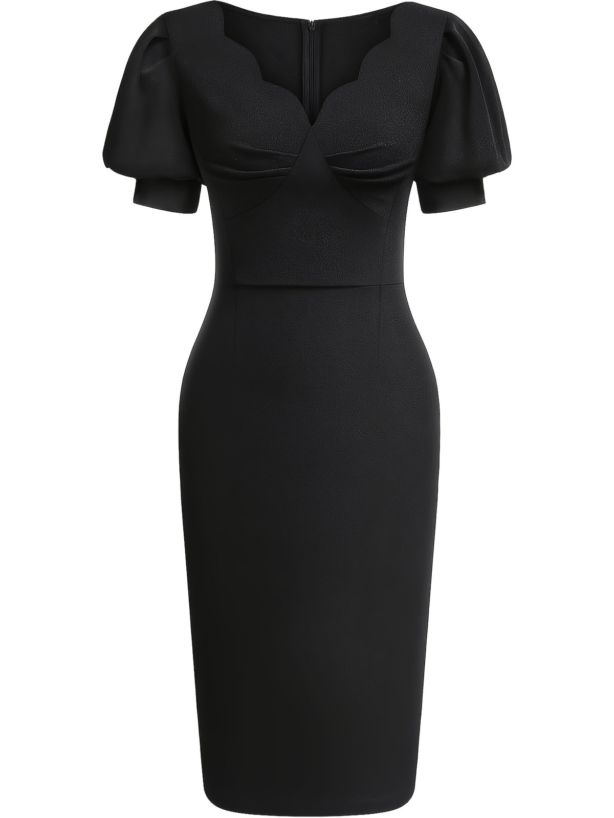 Elegant Cocktail Dress for Women with Scalloped V Neck Puff Sleeve Bodycon Knee Length Party Style