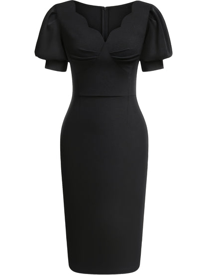 Elegant Cocktail Dress for Women with Scalloped V Neck Puff Sleeve Bodycon Knee Length Party Style