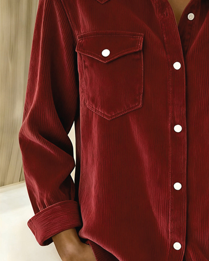 Effortless Corduroy Collar Shirt for Women with Long Sleeve Button Front Chest Pocket Relaxed Style