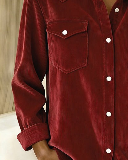 Effortless Corduroy Collar Shirt for Women with Long Sleeve Button Front Chest Pocket Relaxed Style