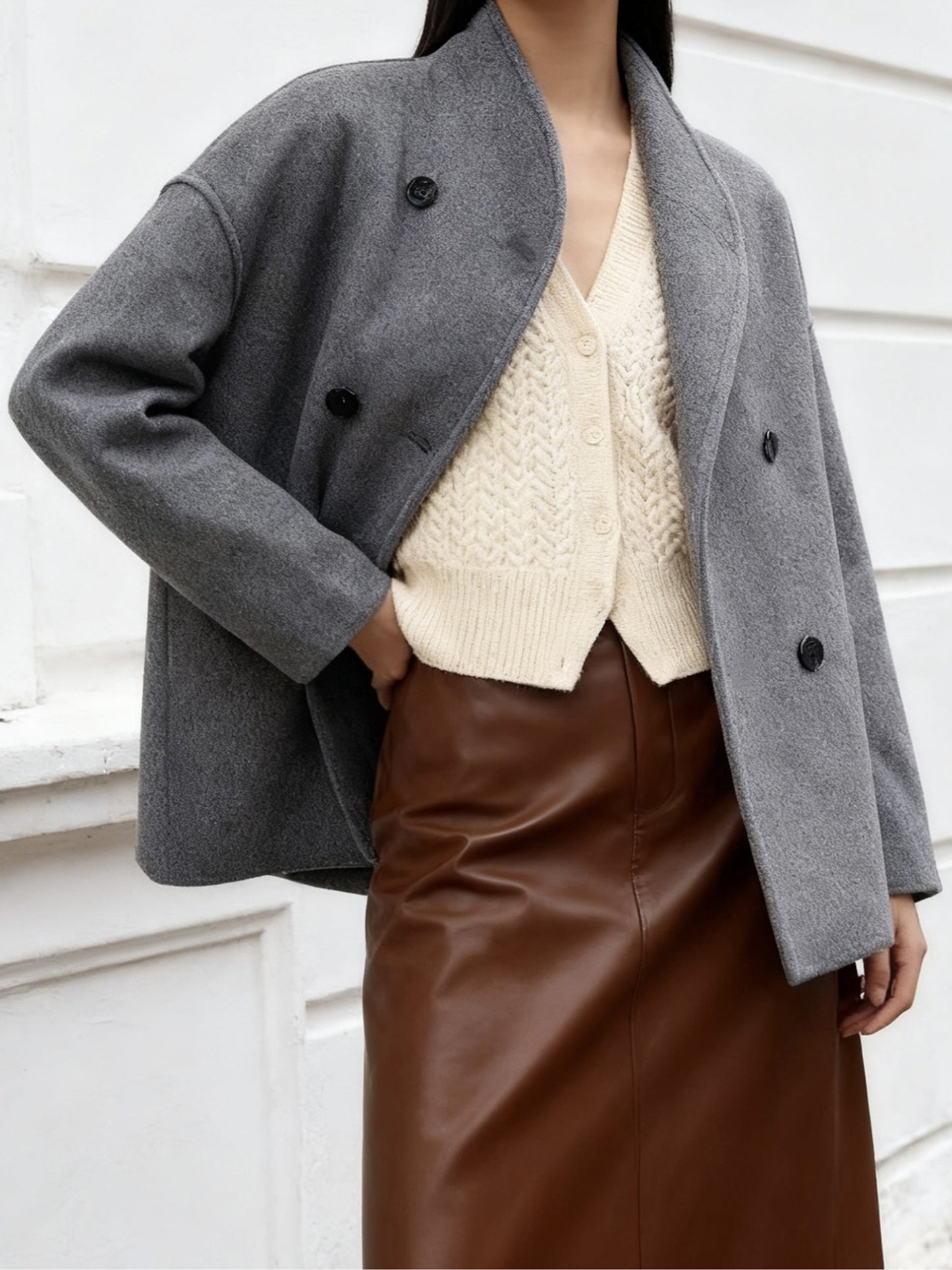 Elegant Wool High Pea Coat for Women with Stand Collar Long Sleeve Double Breasted Cropped Style