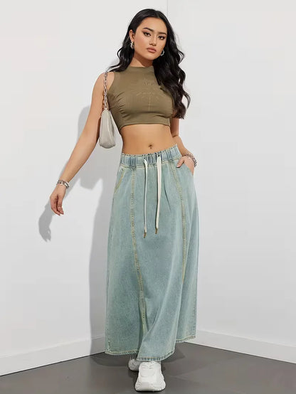 Effortless Denim Skirt for Women with High Waist Drawstring A Line Side Slit Style