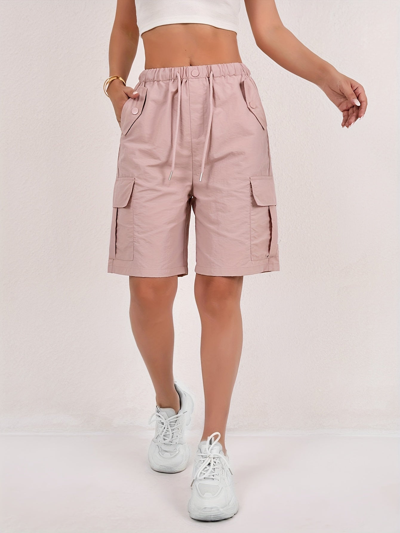 Effortless Pink Cargo Shorts for Women with High Waist Drawstring Button Pocket Relaxed Casual Style